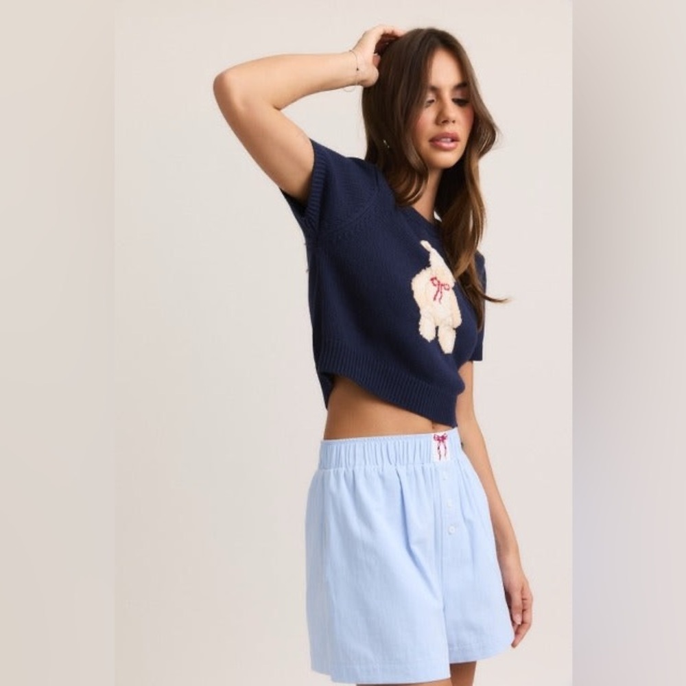 Short Sleeve Crew Neck Teddy Bear Sweater Crop Top - Le Lis - Picture 4 of 7